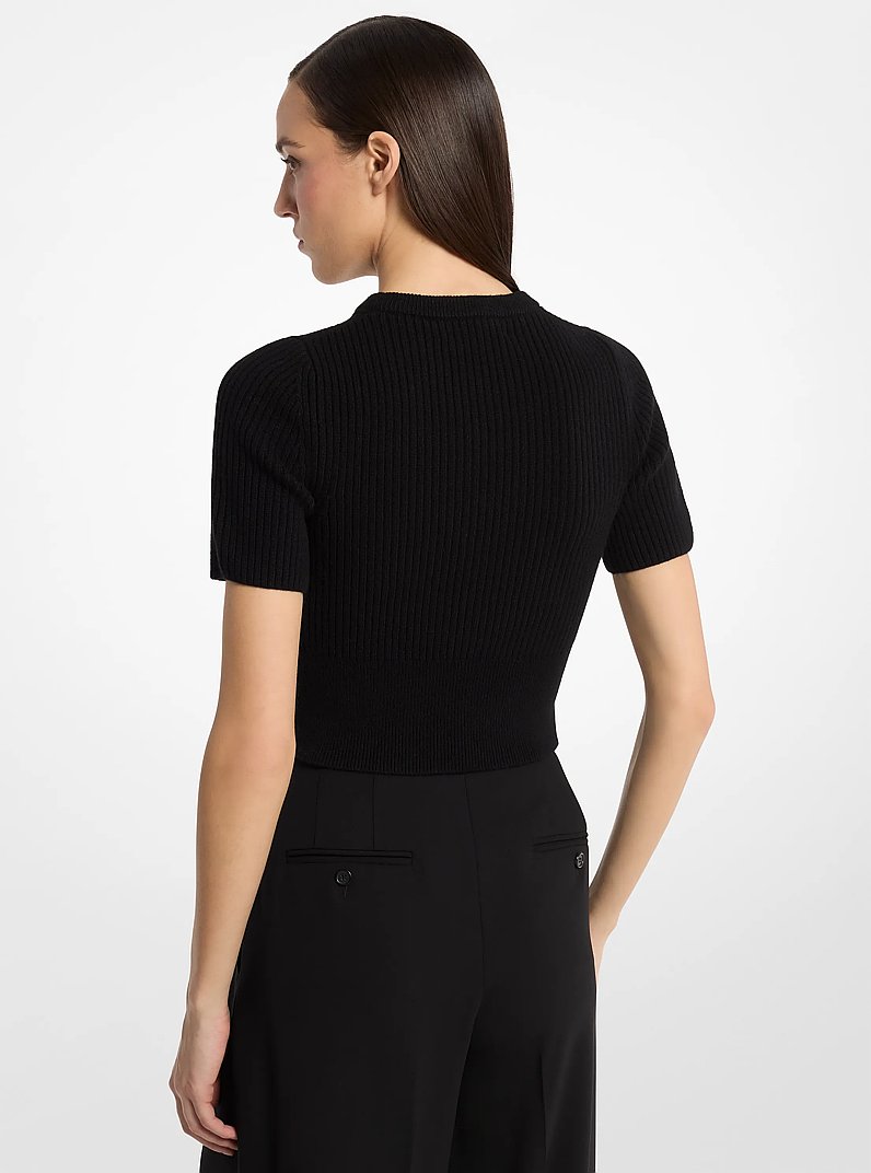 Su&eacute;ter corto de cachemira con mangas tres cuartos y dise&ntilde;o acanalado in NEGRO | Michael Kors
