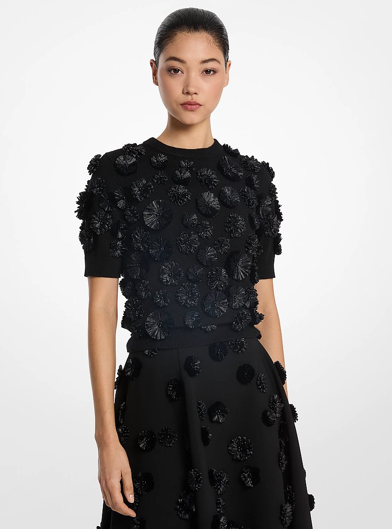 Hand-Embroidered Floral Cashmere Shell Top in BLACK | Michael Kors