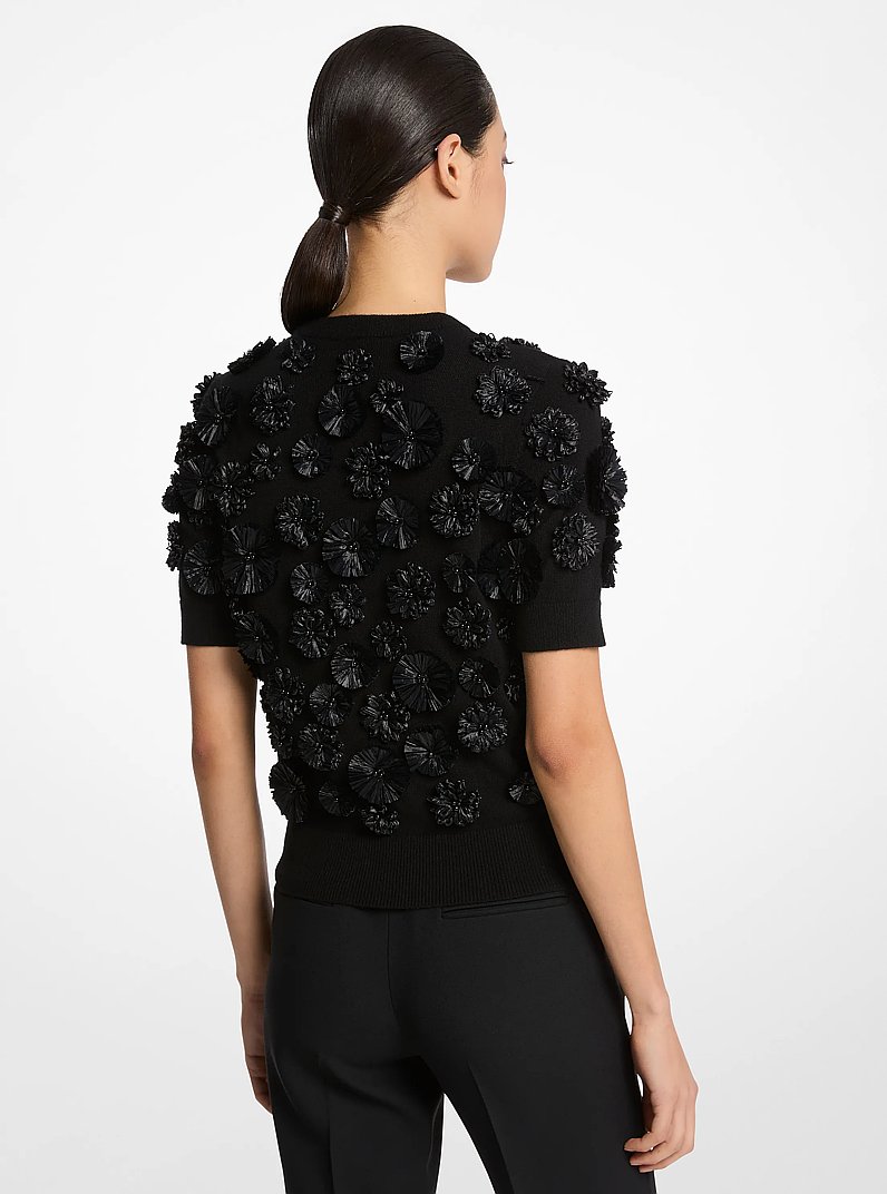 Hand-Embroidered Floral Cashmere Shell Top in BLACK | Michael Kors