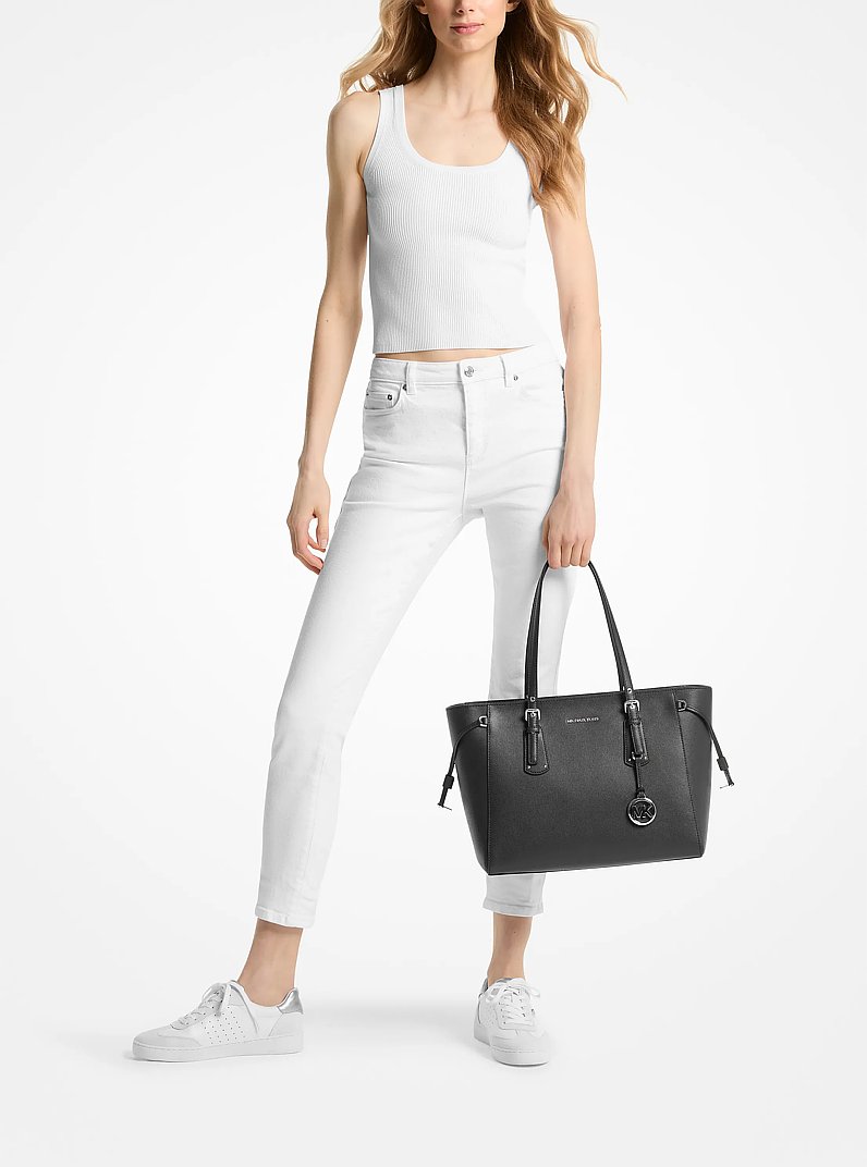 Voyager Medium Crossgrain Leather Tote Bag in BLACK | Michael Kors