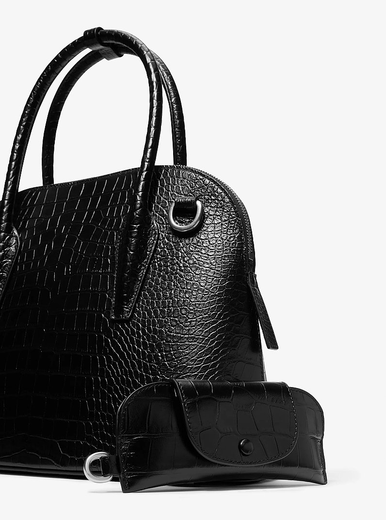 Kaitlin Medium Crocodile Embossed Leather Dome Satchel in BLACK | Michael Kors