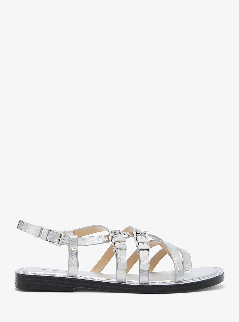 Darrington Crackled Metallic Leather Sandal in SILVER | Michael Kors