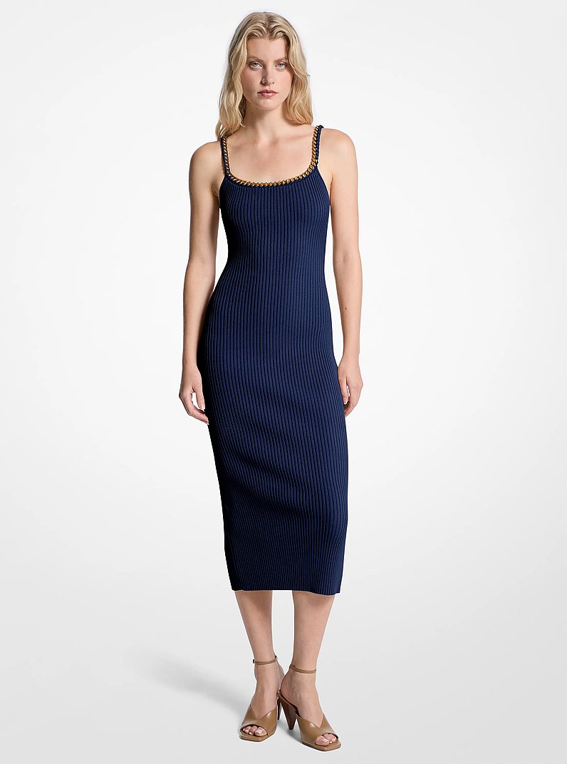 Chain Ribbed Stretch Knit Midi Dress in MIDNIGHTBLUE | Michael Kors
