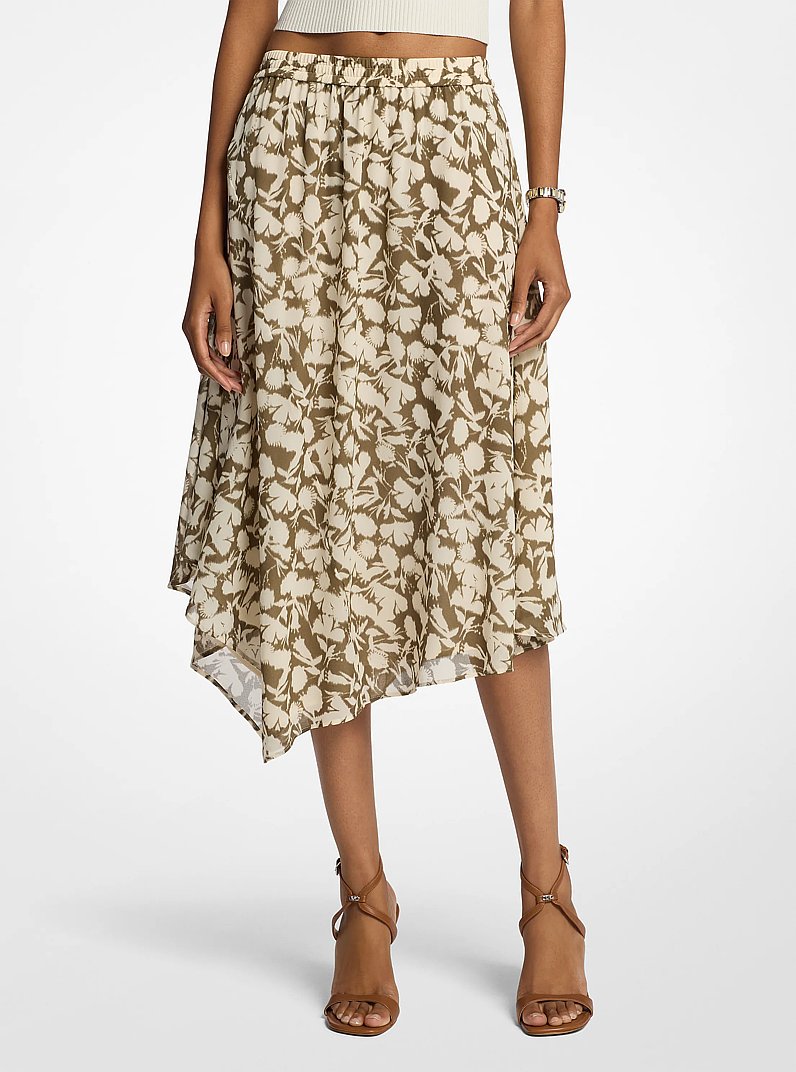 Floral Print Georgette Midi Skirt in OLIVE | Michael Kors