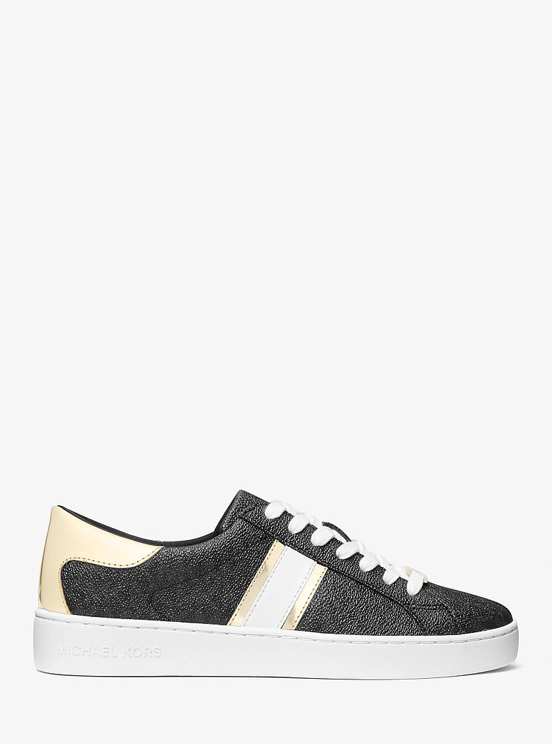 Keaton Metallic Striped Signature Logo Sneaker in BLACK | Michael Kors