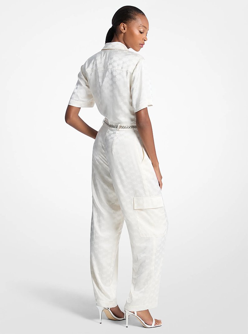 Logo Jacquard Satin Belted Jumpsuit in BONE | Michael Kors