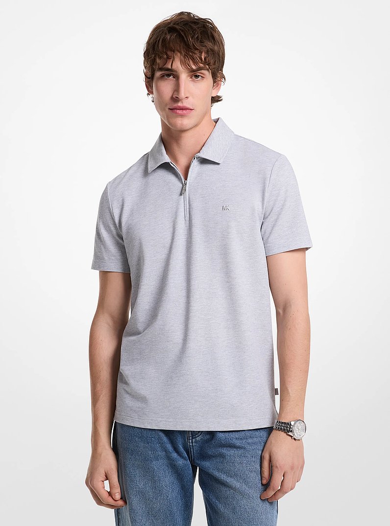 Cotton Blend Piqu&eacute; Zip-Up Polo Shirt in HEATHER GREY | Michael Kors
