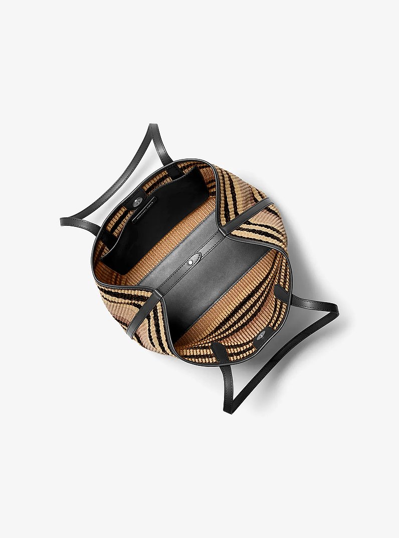 Avalon Medium Striped Woven Tote Bag in BLACK | Michael Kors