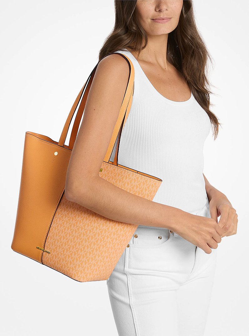 Flora Large Signature Logo and Leather Tote Bag in HONEYWHEAT | Michael Kors