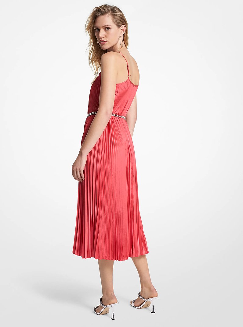 Pleated Satin Belted Slip Dress in GERANIUM | Michael Kors