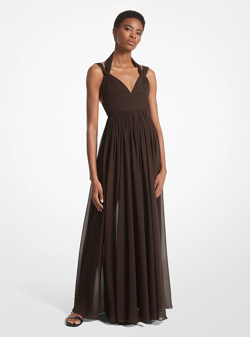 Vestido de chif&oacute;n de seda fruncido con tirantes divididos in CHOCOLATE | Michael Kors