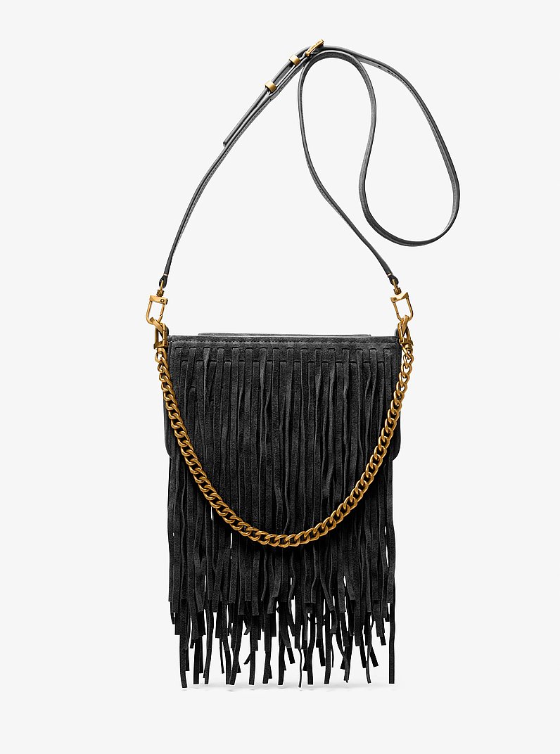 Bryant Small Fringed Suede Convertible Pochette in BLACK | Michael Kors