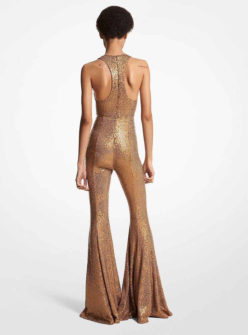 Ausgestellter Jumpsuit aus dichtem Stretch-Jersey mit von Hand aufgestickten Pailletten in KAMEL | Michael Kors
