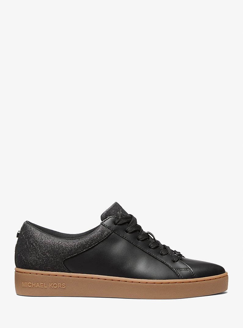 Keaton Leather and Glitter Logo Embossed Sneaker in BLACK | Michael Kors