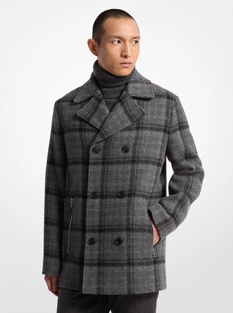 Plaid Textured Wool Blend Peacoat in BLACK | Michael Kors