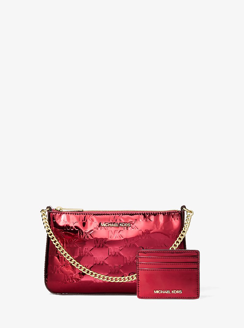 Jet Set Medium Metallic Logo Debossed Pochette and Card Case Gift Set in CEREZA | Michael Kors