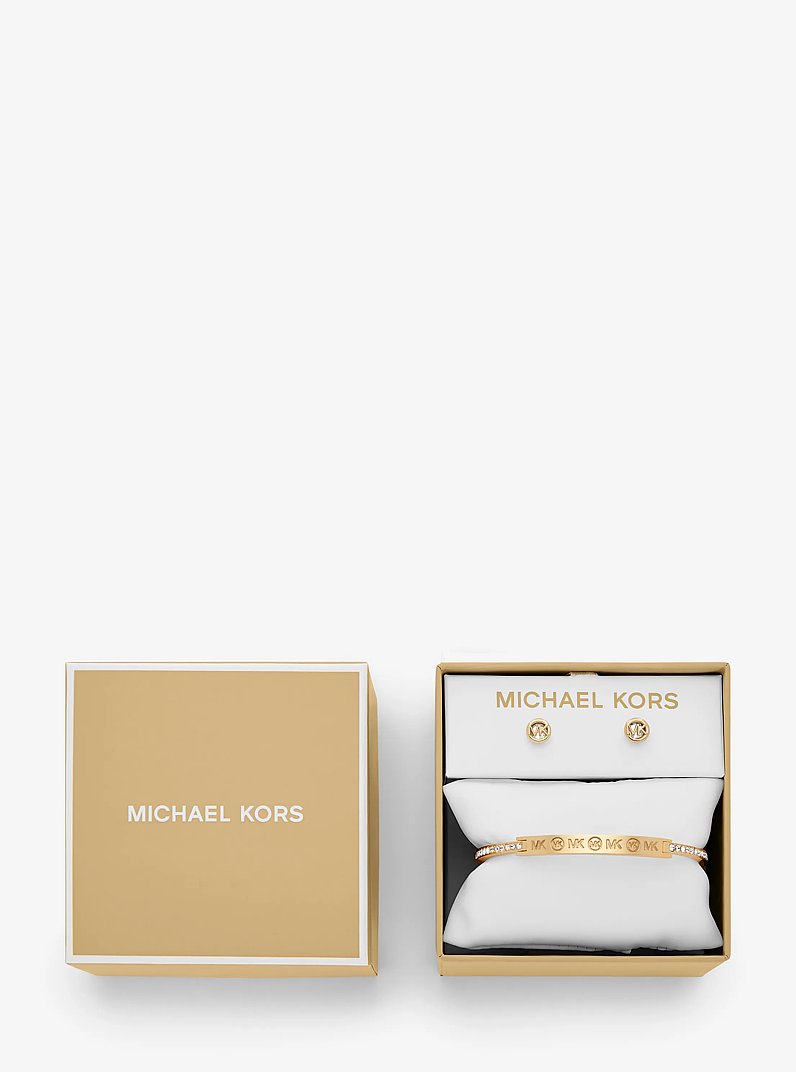 Ensemble-cadeau de bijoux &agrave; pav&eacute; et grav&eacute; du logo in OR | Michael Kors