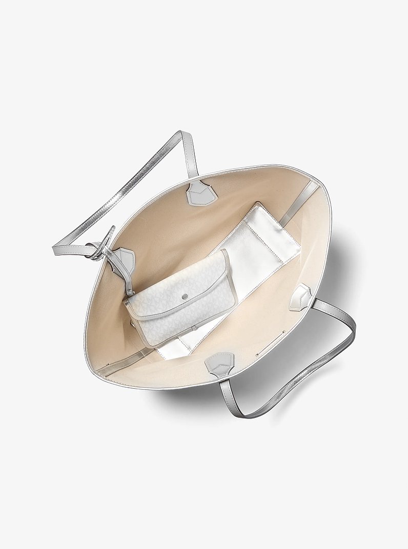 Eva Large Metallic Signature Logo Stripe Tote Bag in OPTIC WHITE | Michael Kors