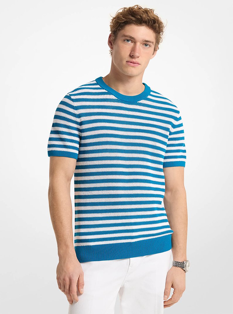 Kurz&auml;rmliger Pullover aus Baumwolle mit Streifen und Mesh-Details in T&Uuml;RKIS | Michael Kors