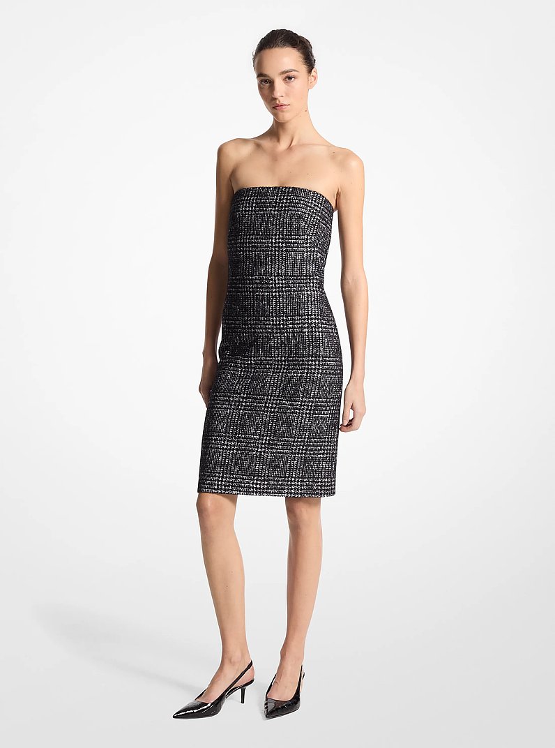 Glen Plaid Wool Blend Tweed Strapless Dress