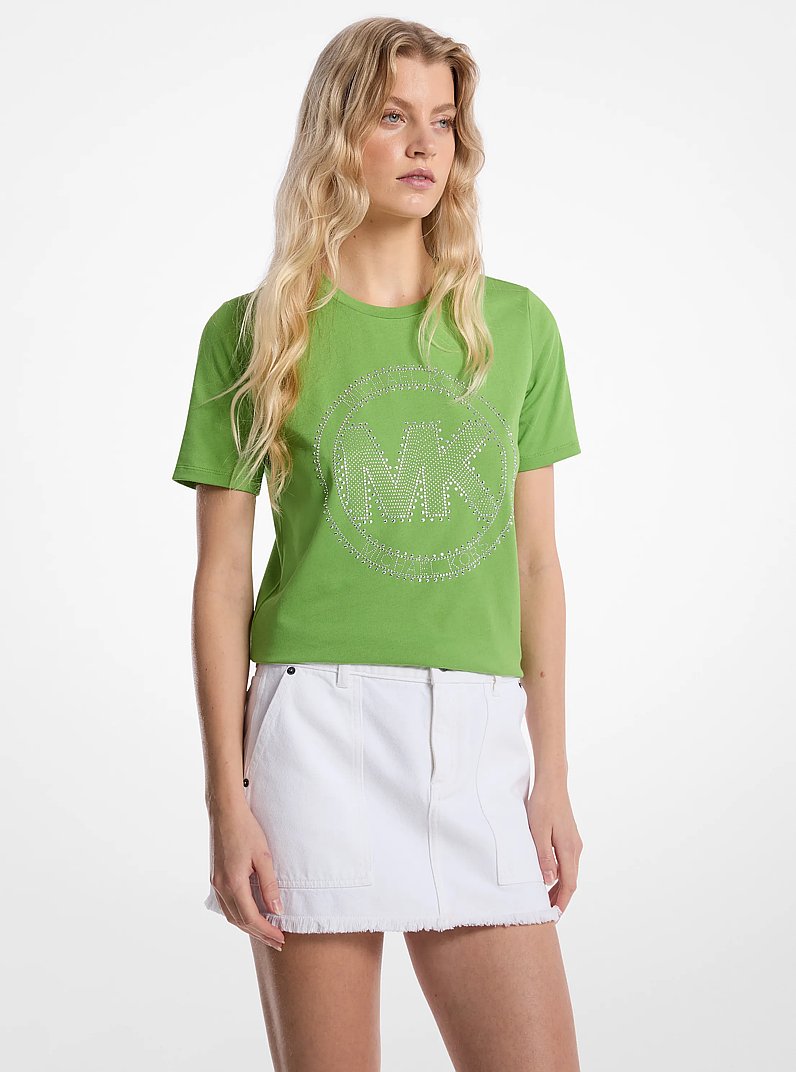 Camiseta de punto de algod&oacute;n org&aacute;nico con logotipo con tachuelas in VERDE JUNGLA | Michael Kors