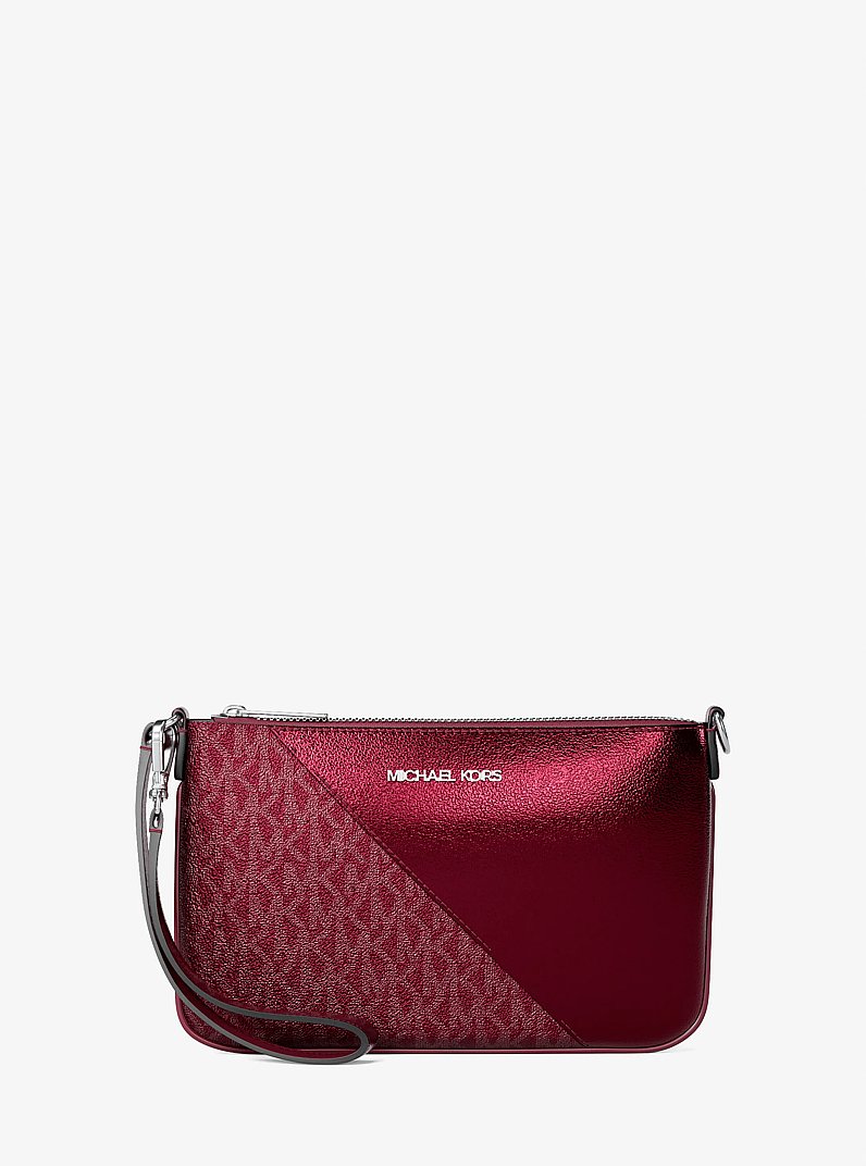 Jet Set Travel Metallic and Signature Logo Wristlet in MAROON | Michael Kors