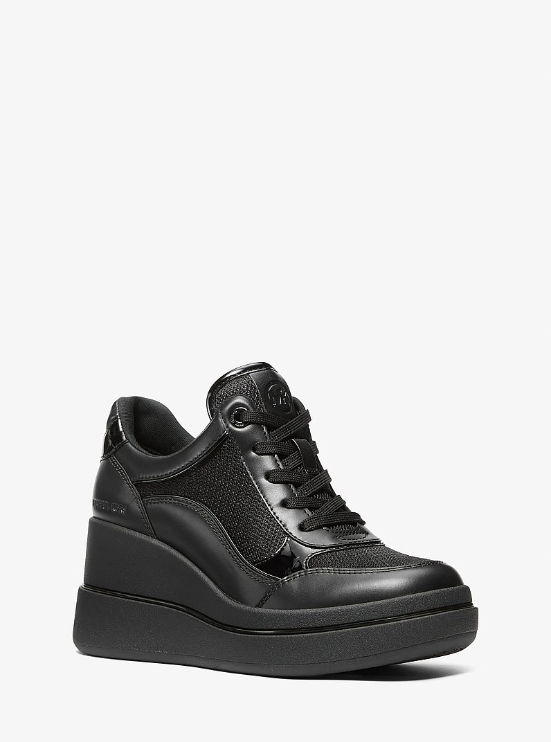 Emmy Leather and Mesh Wedge Trainer in BLACK | Michael Kors