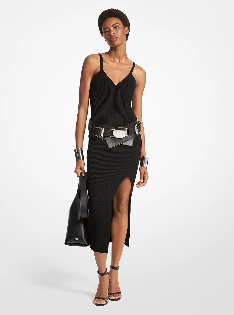 Ribbed Stretch Crepe Dress in BLACK | Michael Kors