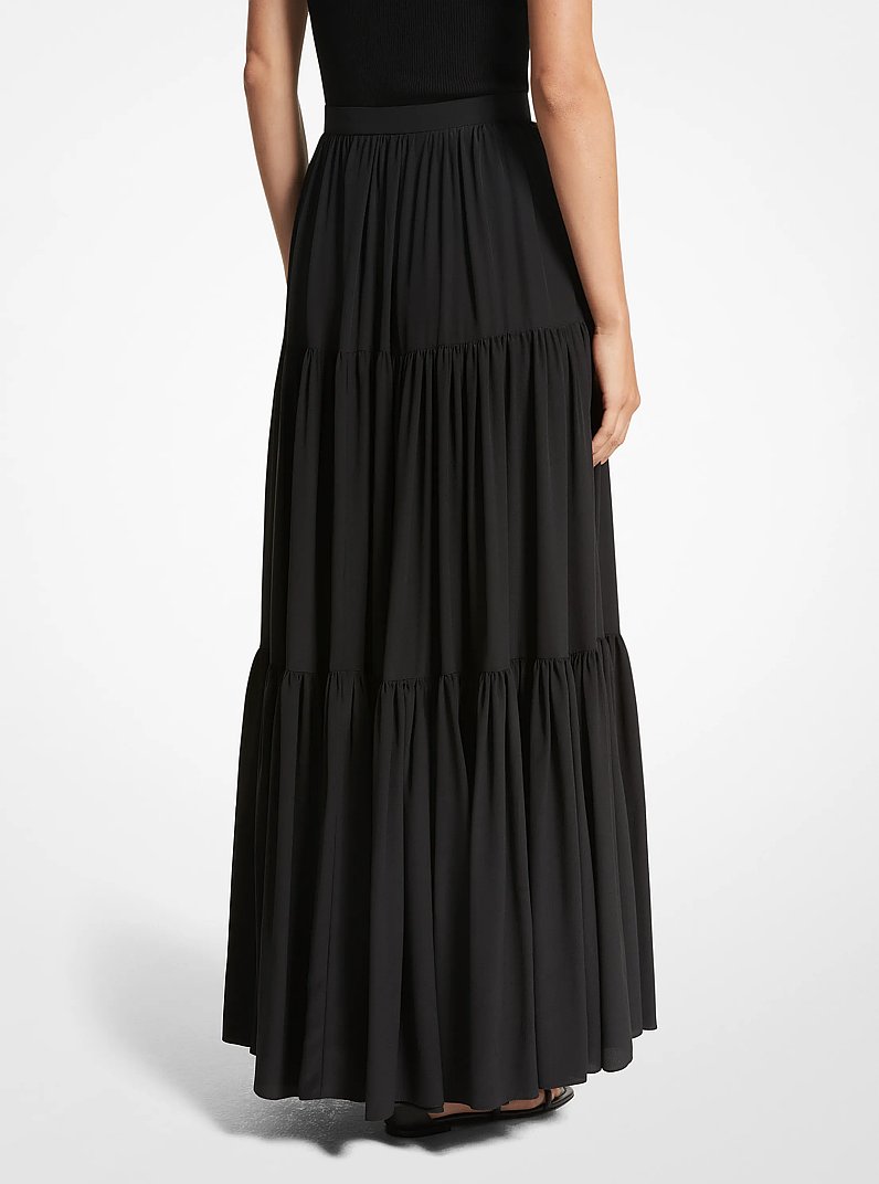 Organic Silk Crepe De Chine Tiered Skirt in NEGRO | Michael Kors