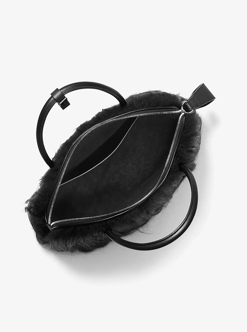 Kaitlin Large Long Haired Shearling Dome Satchel in BLACK | Michael Kors