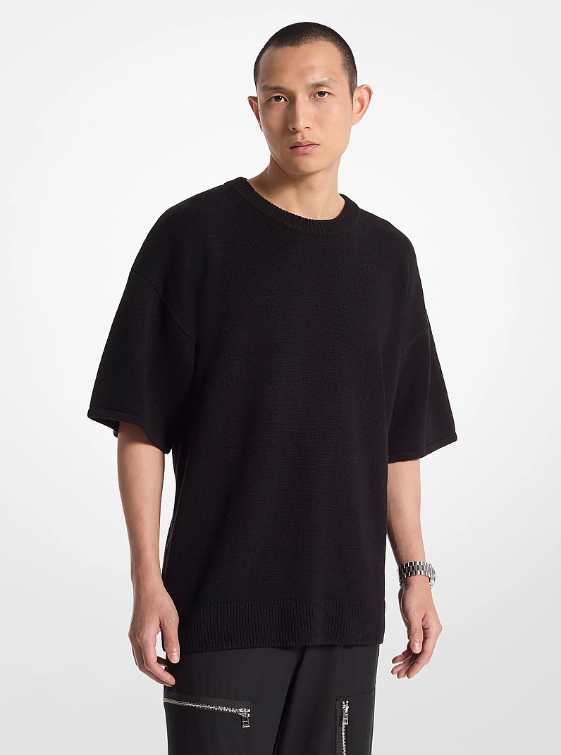 Wool and Cashmere Blend Short-Sleeve Sweater in BLACK | Michael Kors