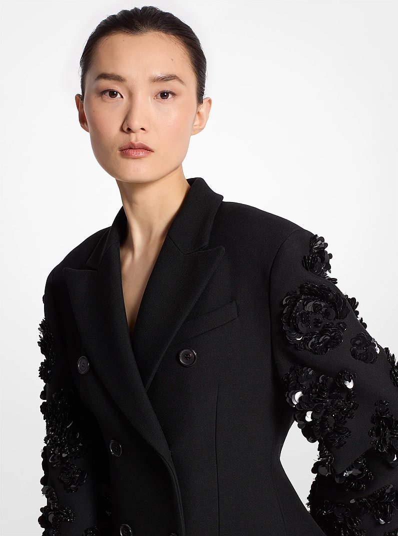 Wool Blend Gabardine Double-Breasted Carved Jacket in BLACK | Michael Kors