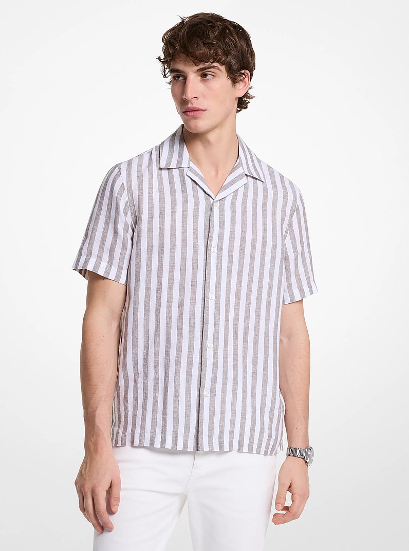 Linen and Cotton Blend Striped Shirt in SAFARI GREEN | Michael Kors