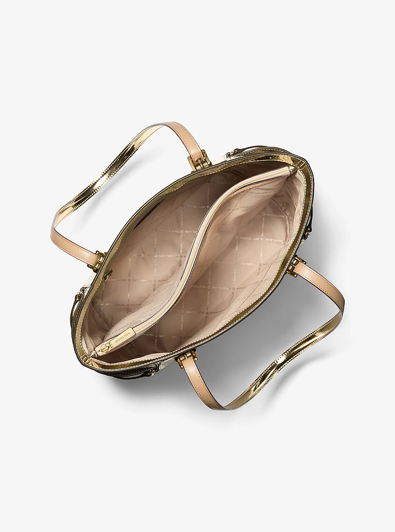 Voyager Large Metallic Logo Debossed Tote Bag in PALE GOLD | Michael Kors