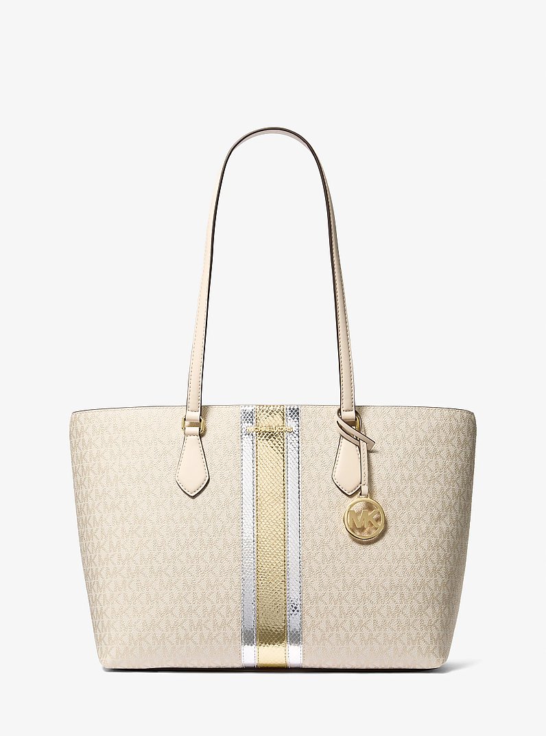 Sheila Large Signature Logo and Metallic Tote Bag in PALE GOLD | Michael Kors