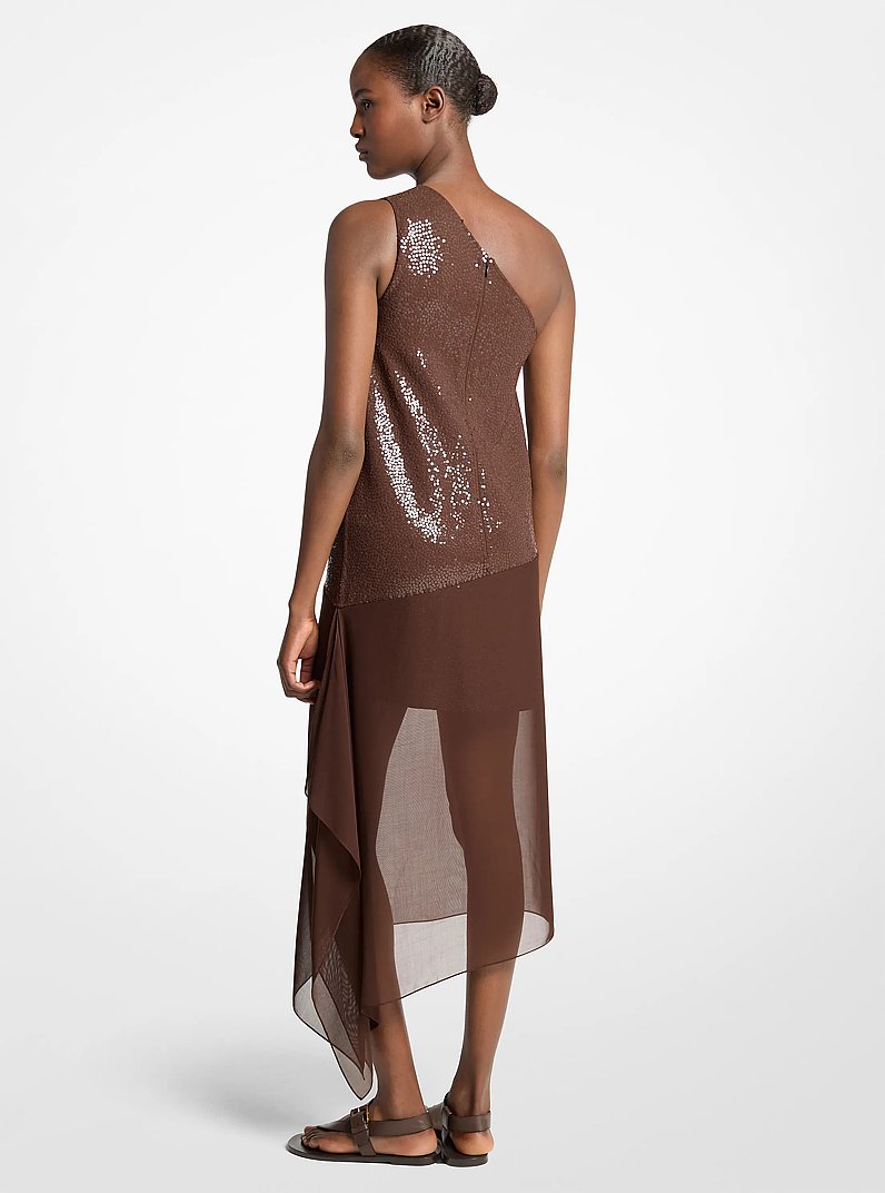 Hand-Embellished Sequin Stretch Wool Crepe Veiled Dress in ESPRESSO | Michael Kors