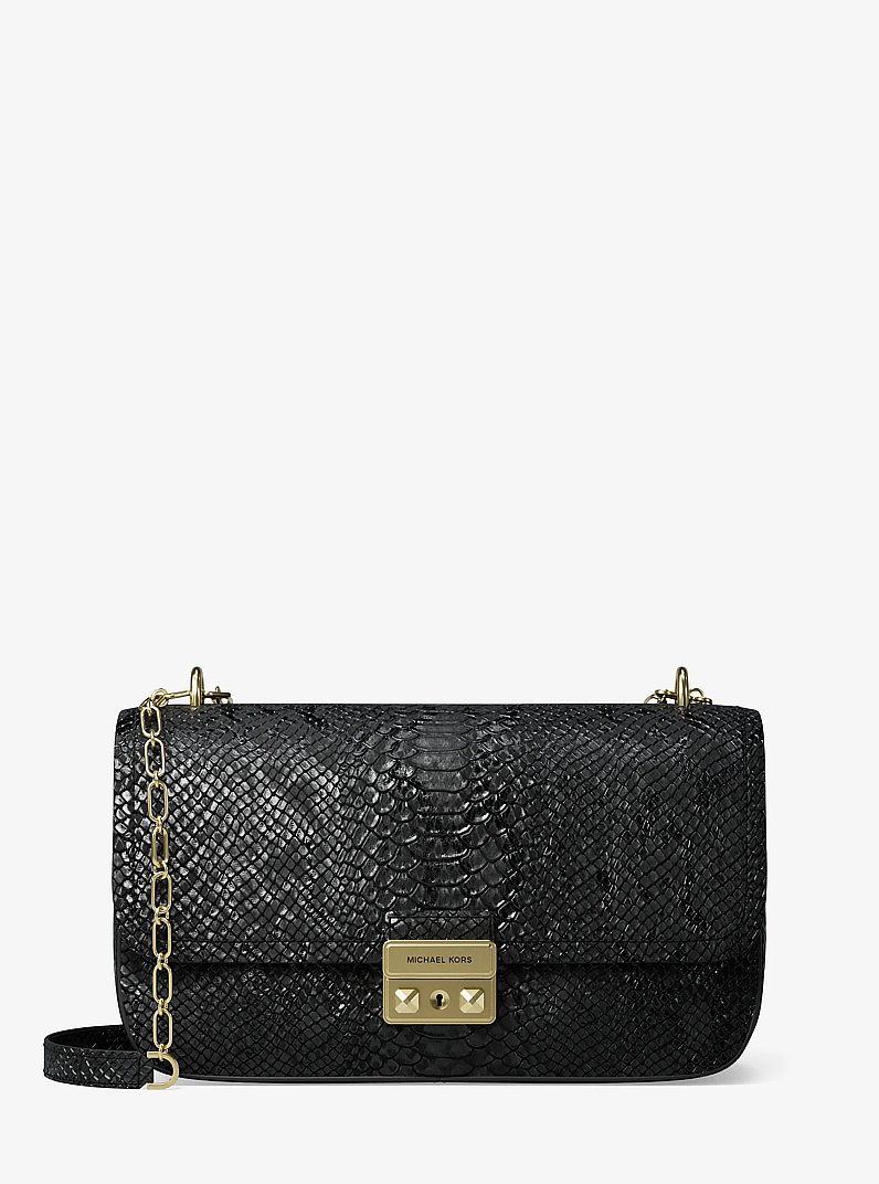 Tribeca Large Snake Embossed Leather Shoulder Bag in BLACK | Michael Kors