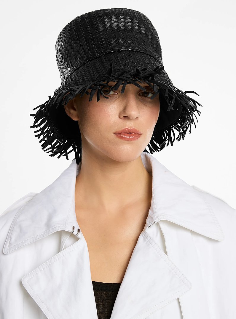 Hand-Woven Leather Bucket Hat in BLACK | Michael Kors