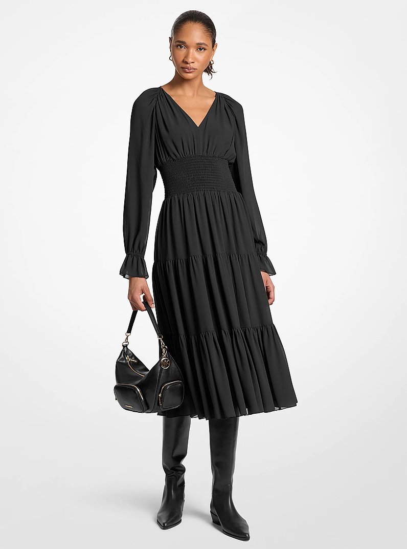 Smocked Georgette Midi Dress in BLACK | Michael Kors