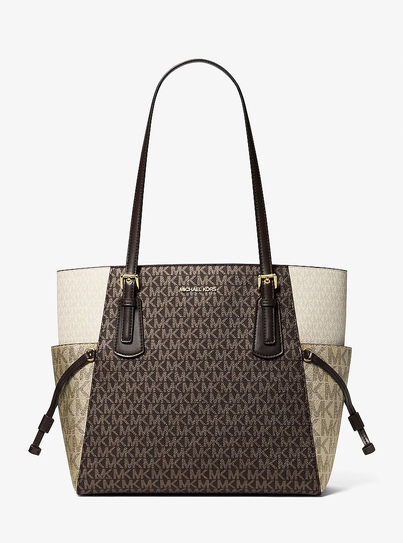 Voyager Large Color-Block Metallic Signature Logo Tote Bag in BROWN | Michael Kors