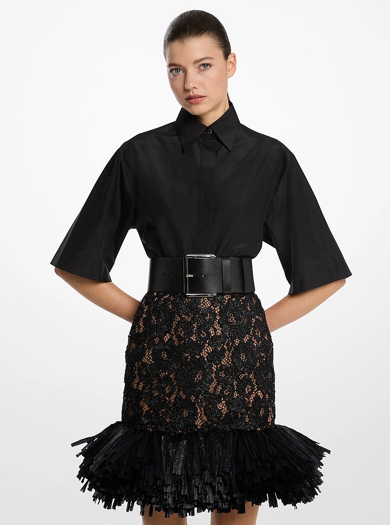 Camisa de tafet&aacute;n de algod&oacute;n y seda con cuello cubano in NEGRO | Michael Kors