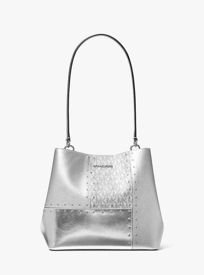 Pratt Medium Studded Metallic Patchwork and Signature Logo Shoulder Bag in SILVER | Michael Kors