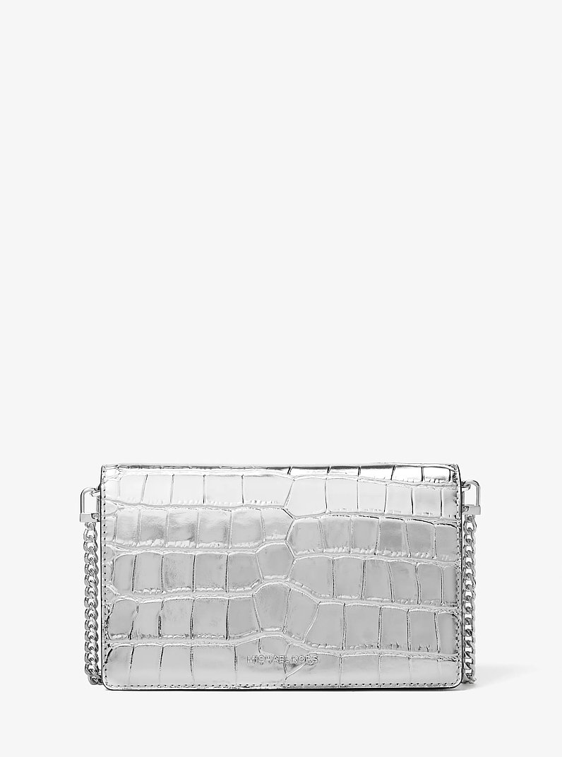 Jet Set Medium Metallic Crocodile Embossed Leather Crossbody Bag in SILVER | Michael Kors