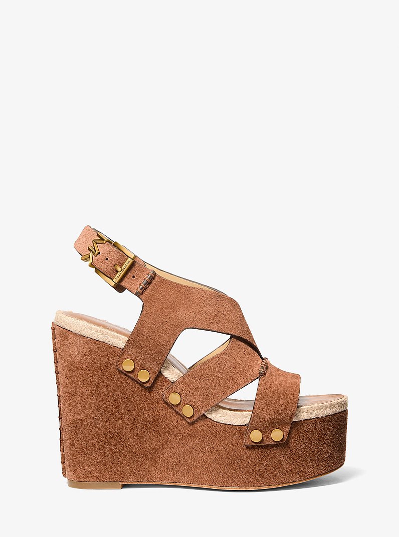 Raven Studded Suede Wedge Sandal in LUGGAGE | Michael Kors