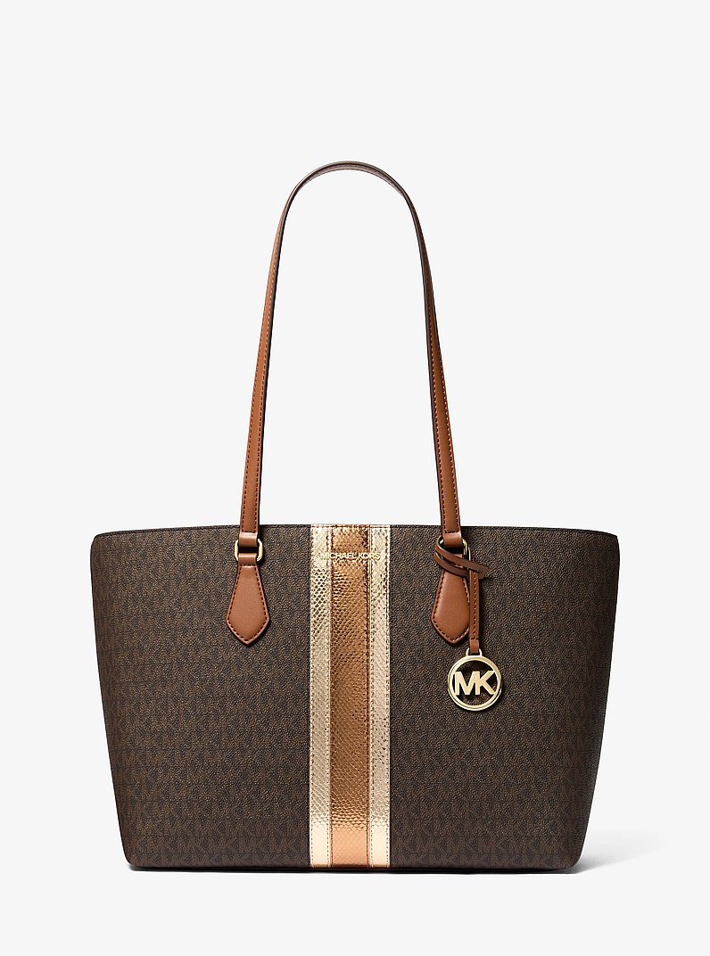 Sheila Large Signature Logo and Metallic Tote Bag in BROWN | Michael Kors