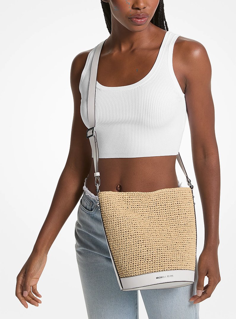 Townsend Medium Straw Bucket Messenger in NAT/OPTICWHT | Michael Kors