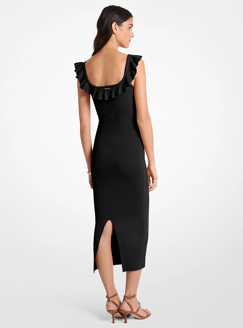 Abito longuette in viscosa stretch con volant in NERO | Michael Kors