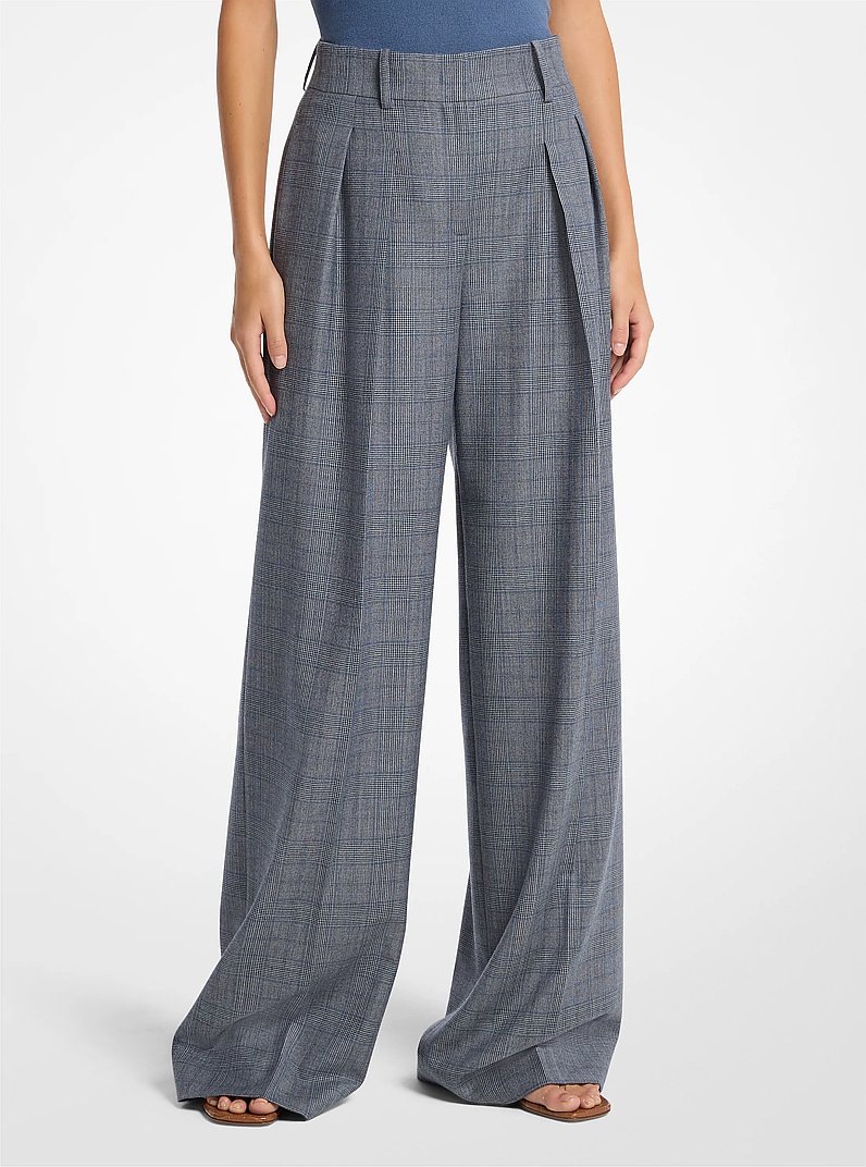 Glen Plaid Wool Pleated Slouch Trousers in STEEL/LAKE | Michael Kors