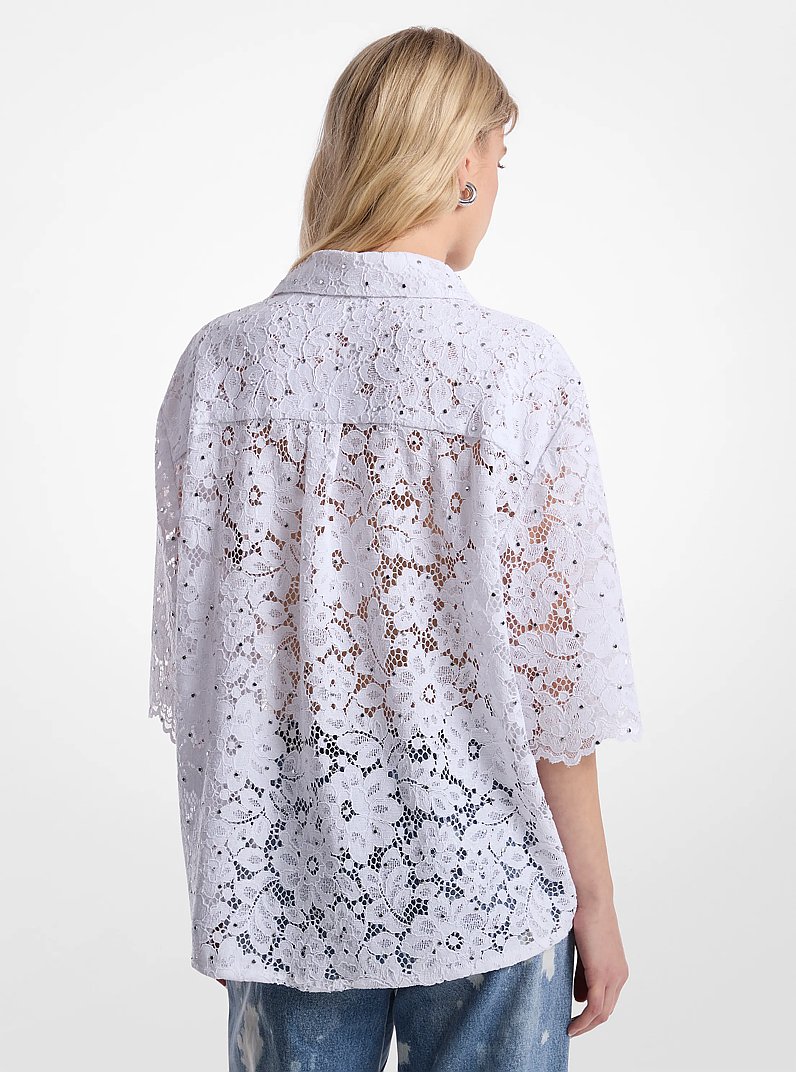 Studded Corded Floral Lace Shirt in WHITE | Michael Kors