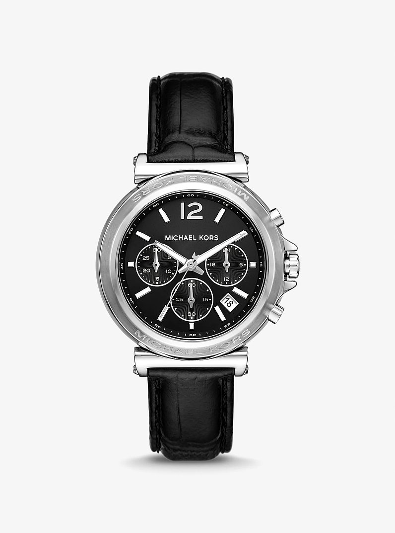 Oversized Maren Silver-Tone and Crocodile Embossed Leather Watch in BLACK | Michael Kors